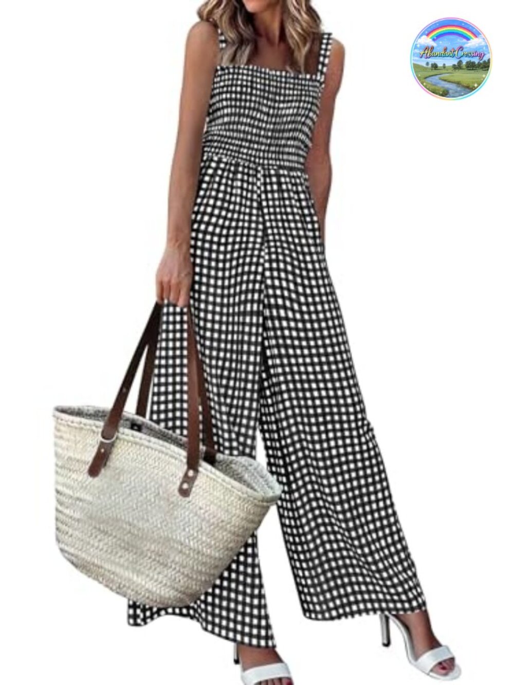 Womens Wide Leg Gingham Jumpsuit Smocked Square Neck Sleeveless Romper